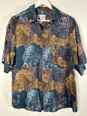 Vintage 90s Goouch Mens 100% Silk Abstract Button Up Short Sleeve Shirt Medium
